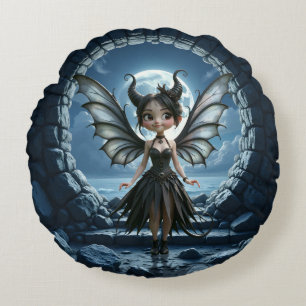 Moonborn Little Shadow, the Cute Gothic Fairy  Round Pillow