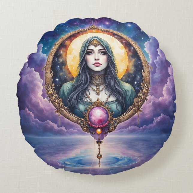 Moonbound Dreamkeeper – Guardian of the Night.   Round Pillow (Front)