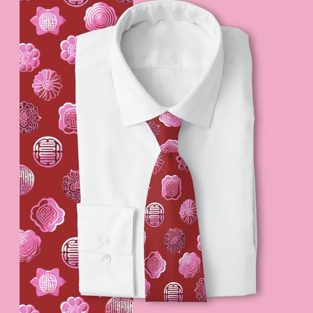 Mooncakes pink and red neck tie (Pink and red Mooncake pattern)