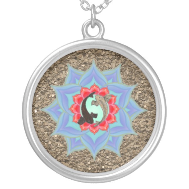 .::MoonDreams::. Koi Lotus Pebbles Mandala Silver Plated Necklace (Front)