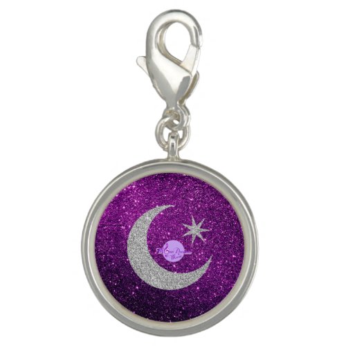 MoonDreams Purple Faux Glitter Silver Round Charm