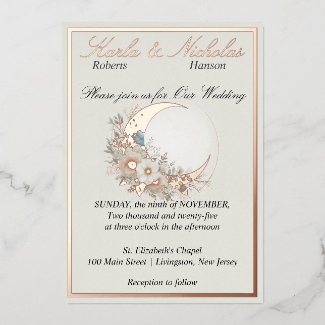 Moonflower Off White, Rose Gold Foil Invitation (Front)
