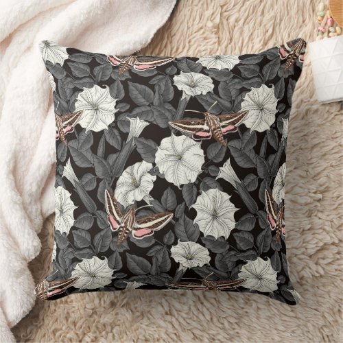 Moonflowers and sphinx moths 2 throw pillow