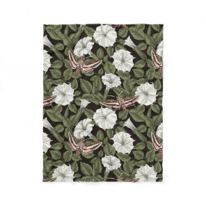 Moonflowers and sphinx moths fleece blanket
