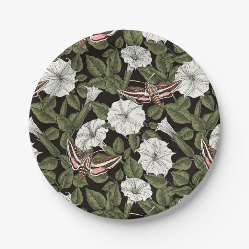 Moonflowers and sphinx moths paper plates