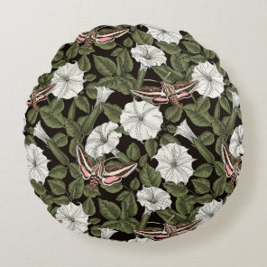 Moonflowers and sphinx moths round pillow