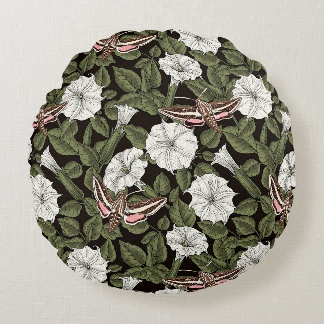 Moonflowers and sphinx moths round pillow (Front)