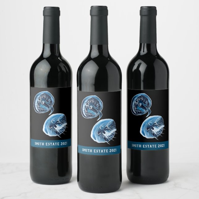 MoonJellyfish watercolor art Wine Label (Bottles)