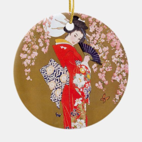 Moonlight and Cherry Blossoms Ceramic Ornament