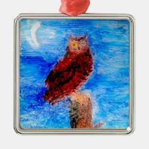 Moonlight Bird Brown Owl Metal Ornament