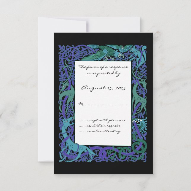 Moonlight Blue Celtic Animals Design Wedding RSVP (Front)