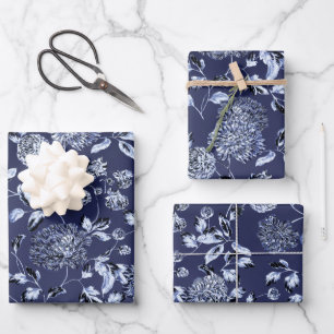 Moonlight Blue Dahlias Floral Vine On Navy Blue Wrapping Paper Sheets