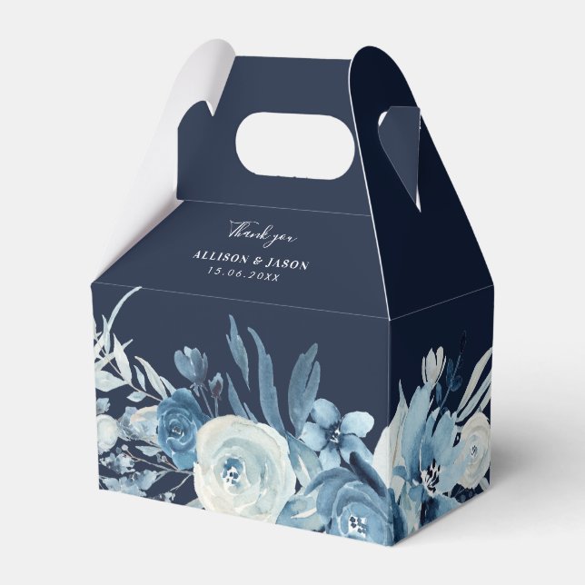 moonlight blue watercolor floral wedding favor box (Front Side)