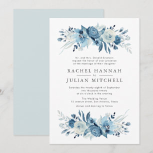 Moonlight blue watercolor floral wedding invitation