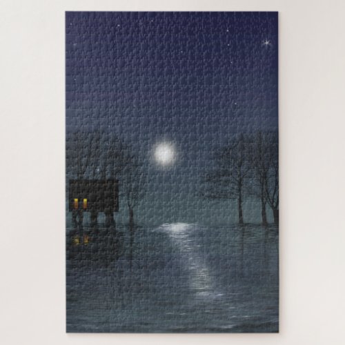 Moonlight Cabin Over Water Full Moon Puzzle