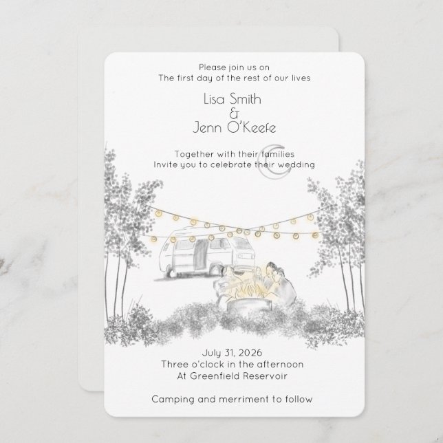Moonlight Camping Hand Drawn Wedding Invitation (Front/Back)
