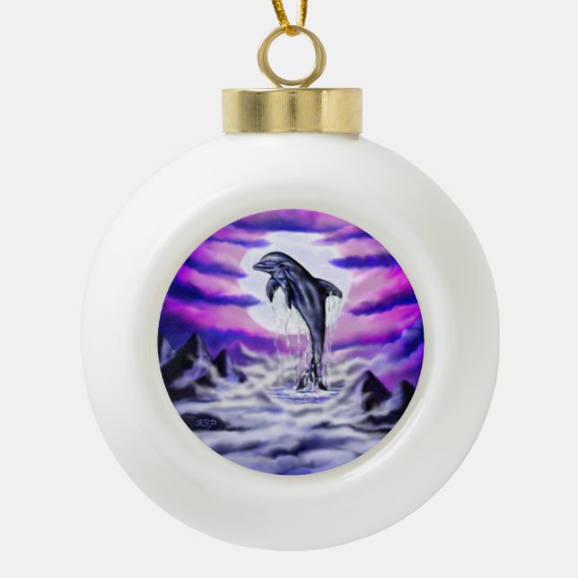 Moonlight Dolphin Ceramic Ball Christmas Ornament (Front)