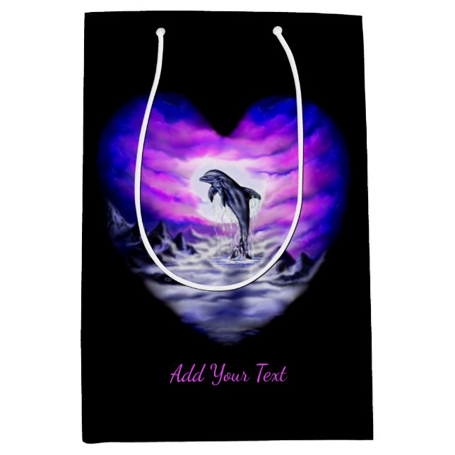 Moonlight Dolphin Heart , Add Your Text Medium Gift Bag (Front)