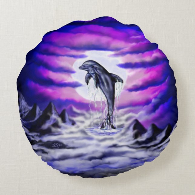 Moonlight Dolphin Round Pillow (Back)