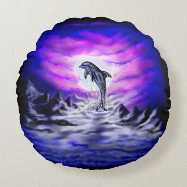 Moonlight Dolphin Round Pillow (Front)