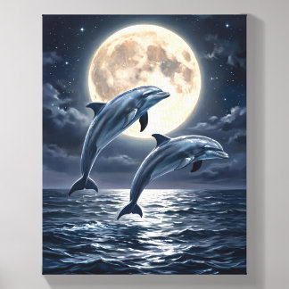 Moonlight Dolphins Jumping in the Ocean Canvas Photo Tile