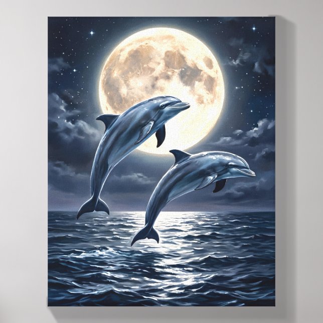 Moonlight Dolphins Jumping in the Ocean Canvas Photo Tile (Front Set)