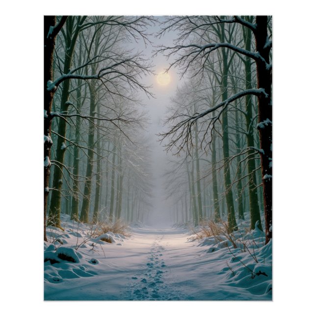 Moonlight Footprints In a Snowy Forest Poster (Front)