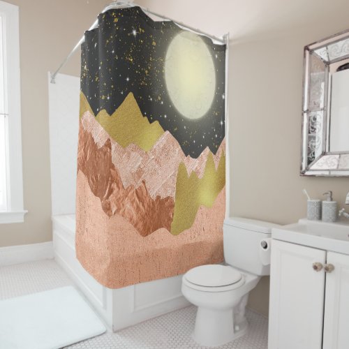 Moonlight Glow Abstract Rose Gold Mountains Shower Curtain