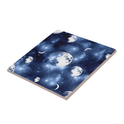 Moonlight Glow  Moon Phases in Sky Clouds Ceramic Tile