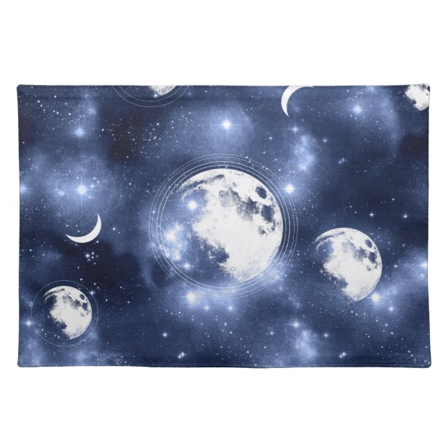 Moonlight Glow | Moon Phases in Sky Clouds Cloth Placemat (Front)