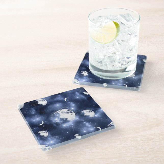 Moonlight Glow | Moon Phases in Sky Clouds Glass Coaster (Angled)