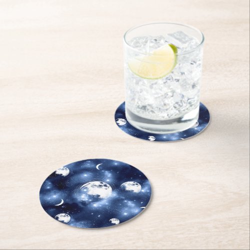 Moonlight Glow  Moon Phases in Sky Clouds Round Paper Coaster