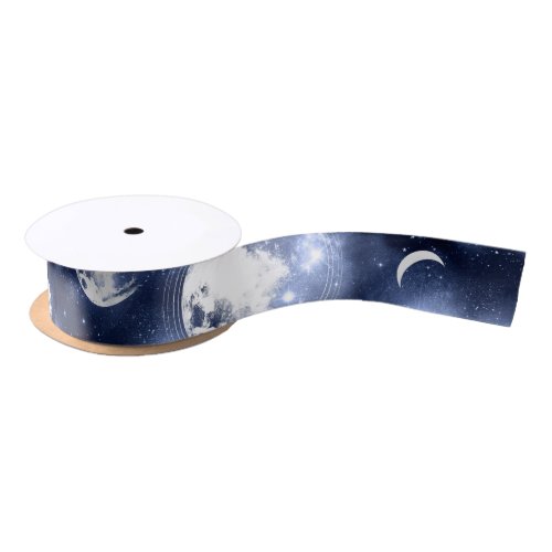 Moonlight Glow  Moon Phases in Sky Clouds Satin Ribbon