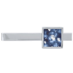 Moonlight Glow Moon Phases in Sky Clouds Silver Finish Tie Bar