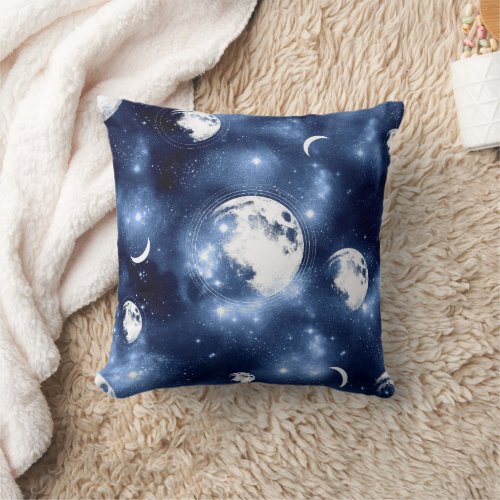Moonlight Glow  Moon Phases in Sky Clouds Throw Pillow