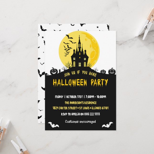 Moonlight Haunted House Spooky Halloween Party Invitation (Front/Back In Situ)