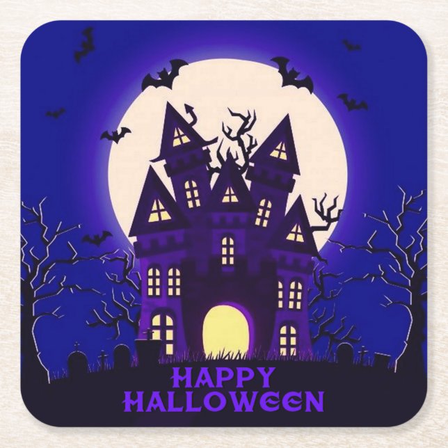 Moonlight Haunted Mansion Square Paper Coaster (Front)