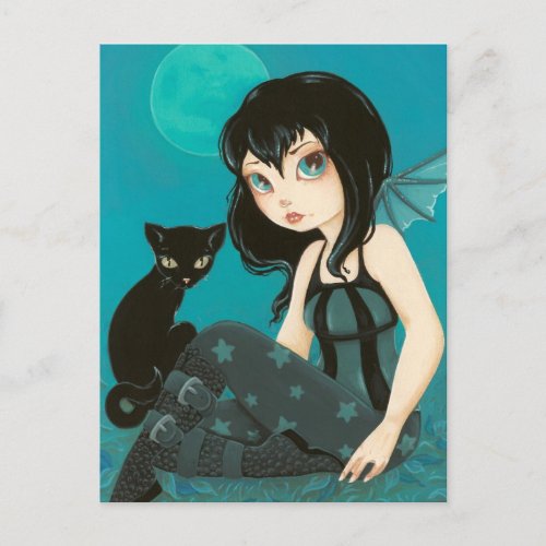 Moonlight Hijinks- Fairy Black cat postcard