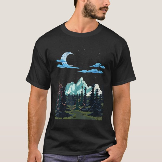 Moonlight Hiking Mountain Forest Trees Crescent Mo T-Shirt (Front)