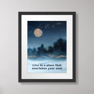 Moonlight Lake Scene Motivational Quote Blue Teal Framed Art