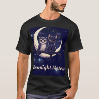 Moonlight Mates Cute Black Cat and Owl Crescent Mo T-Shirt