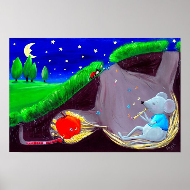 Moonlight Melody | Cute Field Mouse Nursery Poster (Front)