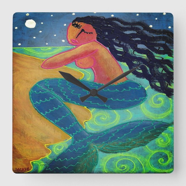 Moonlight Mermaid Abstract Art Square Wall Clock (Front)
