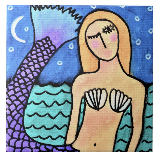 Moonlight Mermaid Abstract Digital Painting Ceramic Tile (Front)