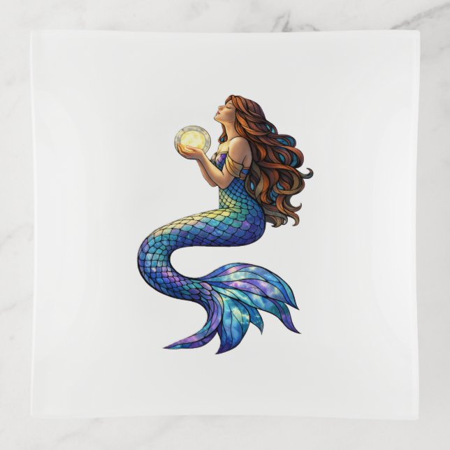 Moonlight Mermaid Stained Glass Art Trinket Tray (Front)