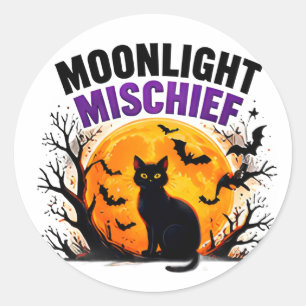 Moonlight Mischief Black Cat Autumn Halloween Classic Round Sticker