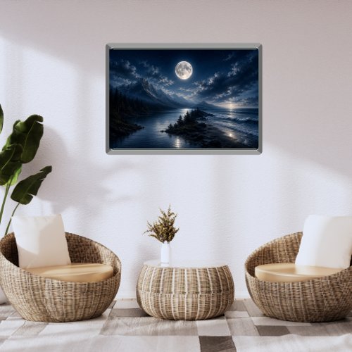 Moonlight Mountain Lake Wall Art Poster- Full Moon