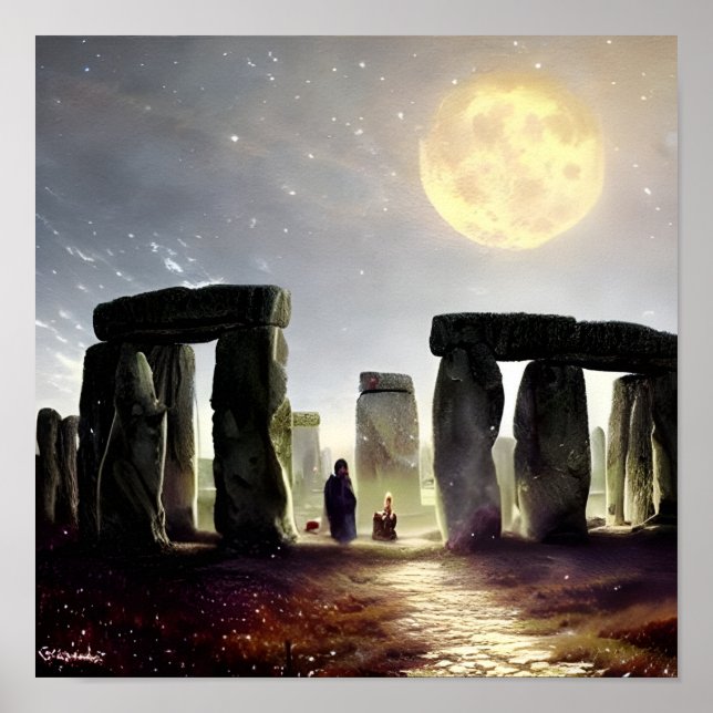 Moonlight Over Stonehenge Digital Art Poster (Front)
