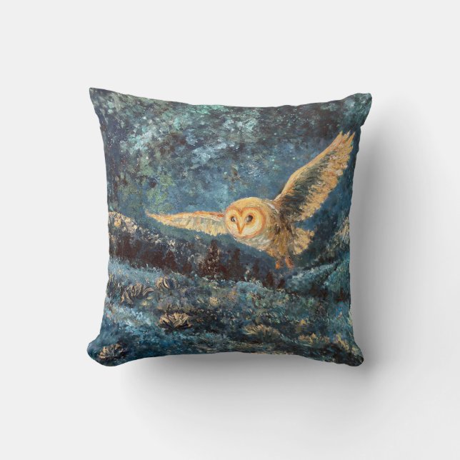Moonlight Owl: Barn Owl in Starry Moonlit Meadow Throw Pillow (Front)