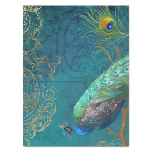 Moonlight Peacock n Feathers Gold Teal Decoupage Tissue Paper | Zazzle